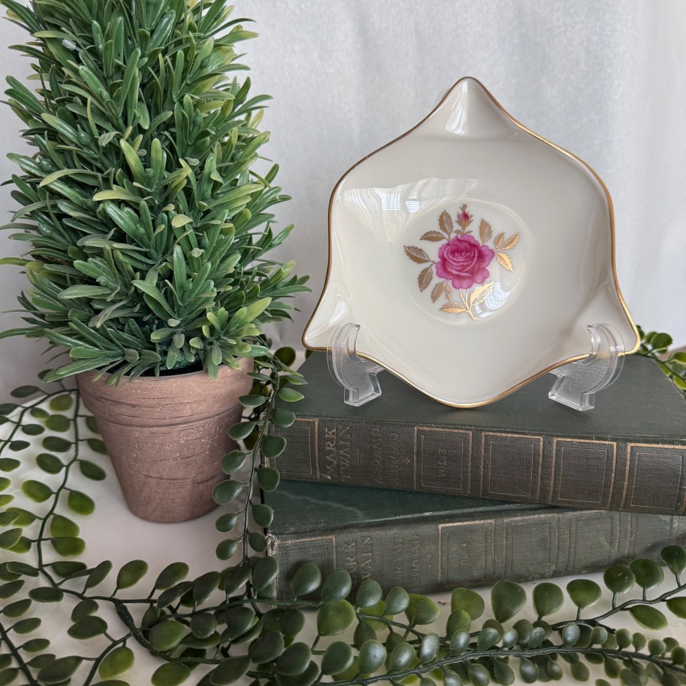 Vintage Lenox Pink Rose Trinket Dish Gold Trim Porcelain Ash Tray USA Made